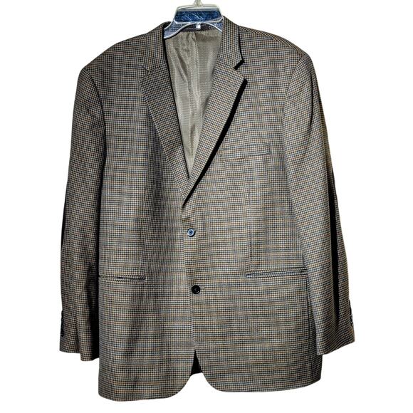 Tasso Elba Macy's Elbow Patch 100% Wool Brown Houndstooth Sports Coat Mens 44R - Picture 1 of 14
